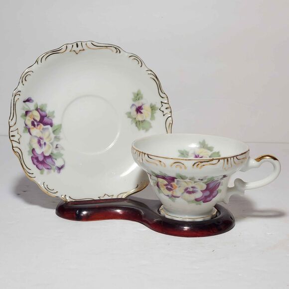 Sterling China Pansy Teacup and Saucer Purple Yellow Vintage - Picture 4 of 10